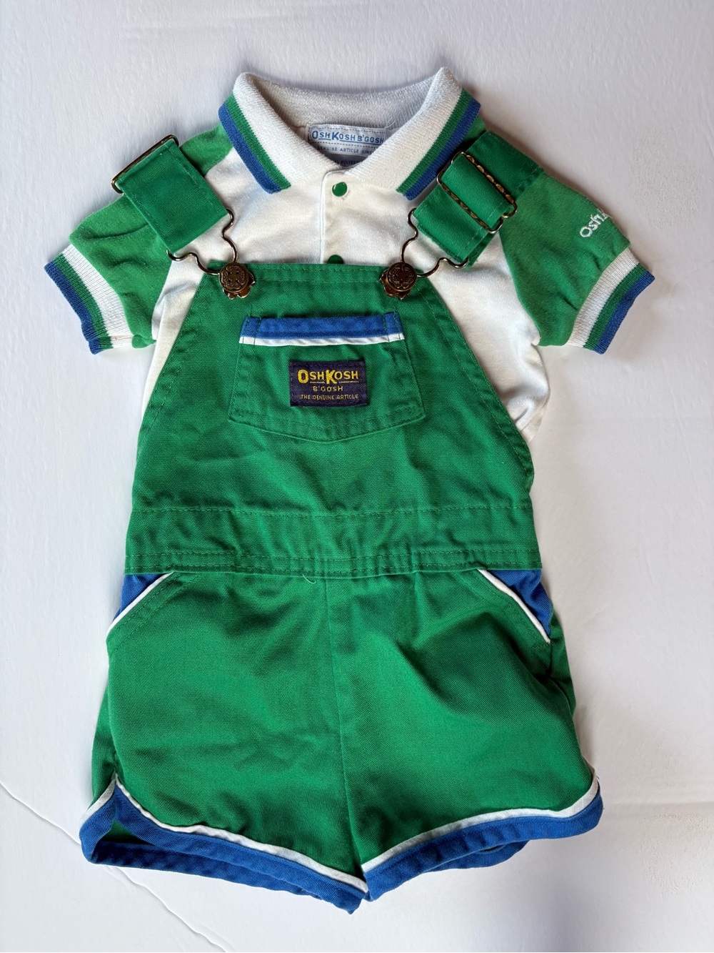Vintage OshKosh B'gosh Green Toddler Overalls Shorts & Polo Shirt Set